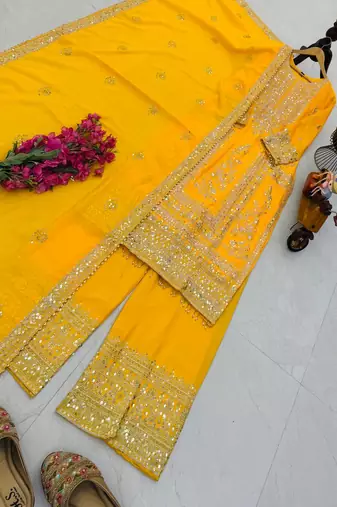 yellow designer party wear top pant & dupatta set