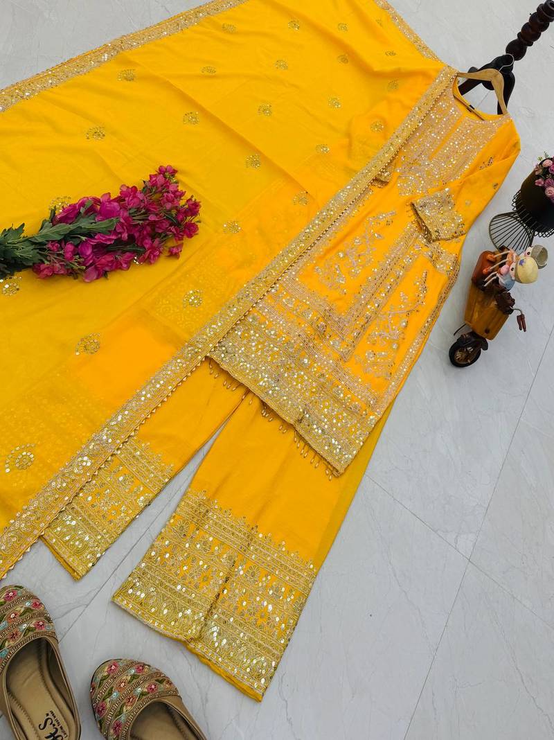 yellow designer party wear top pant & dupatta set