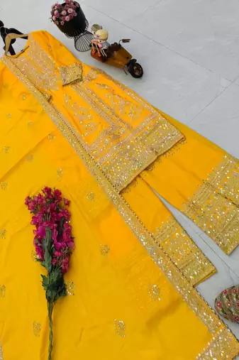 yellow designer party wear top pant & dupatta set
