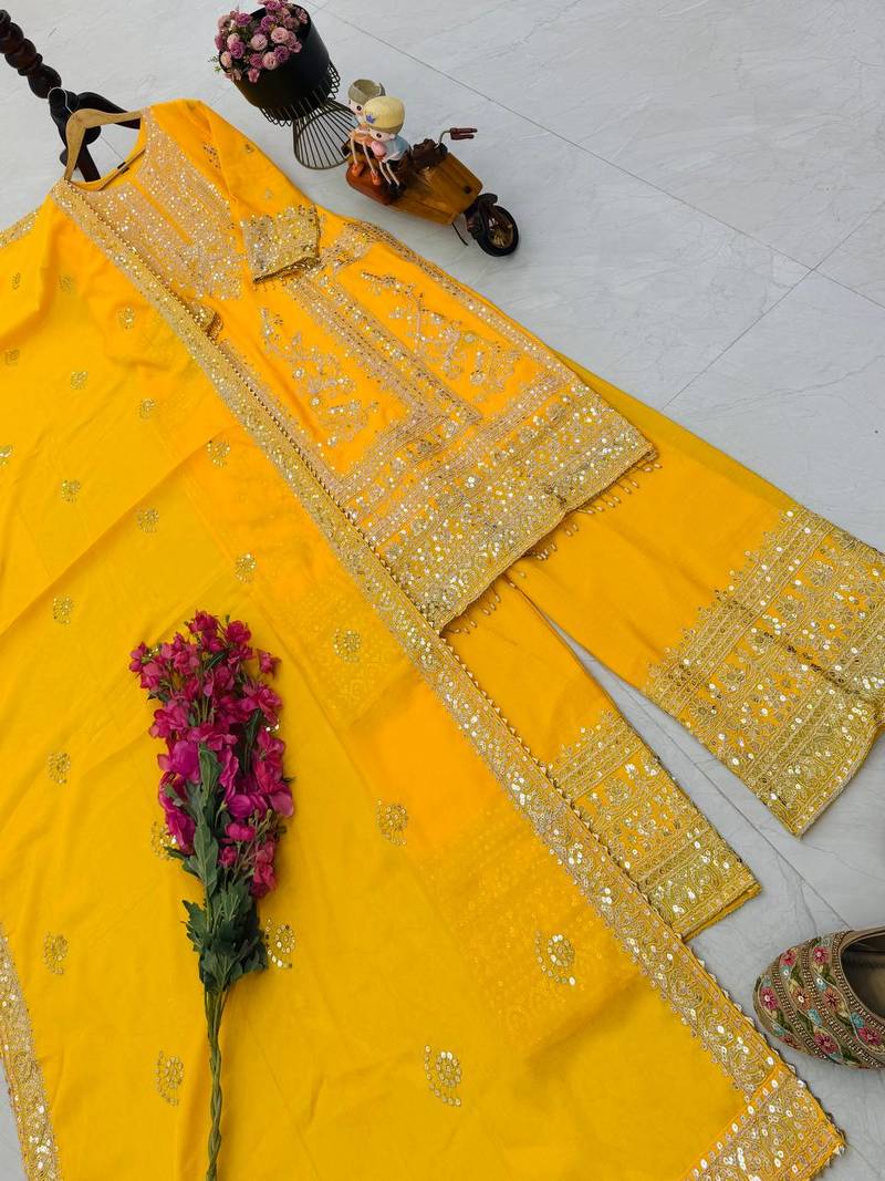 yellow designer party wear top pant & dupatta set