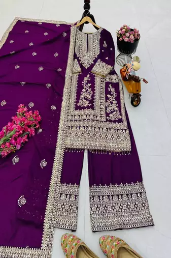 wine designer party wear top pant & dupatta set