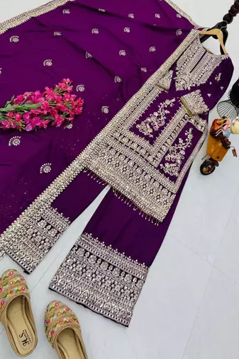 wine designer party wear top pant & dupatta set
