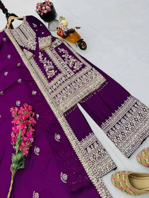 wine designer party wear top pant & dupatta set 3