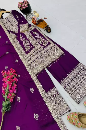 wine designer party wear top pant & dupatta set