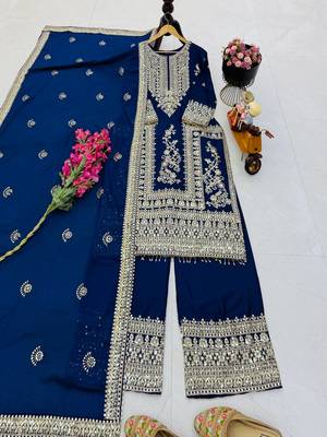 blue designer party wear top pant & dupatta set 1
