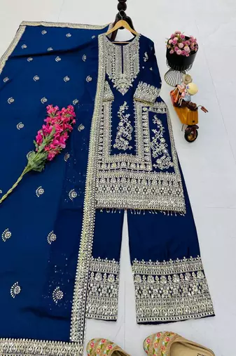 blue designer party wear top pant & dupatta set