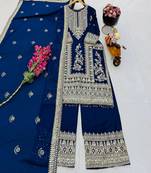 blue designer party wear top pant & dupatta set