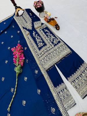 blue designer party wear top pant & dupatta set 2