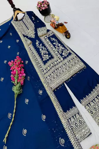 blue designer party wear top pant & dupatta set