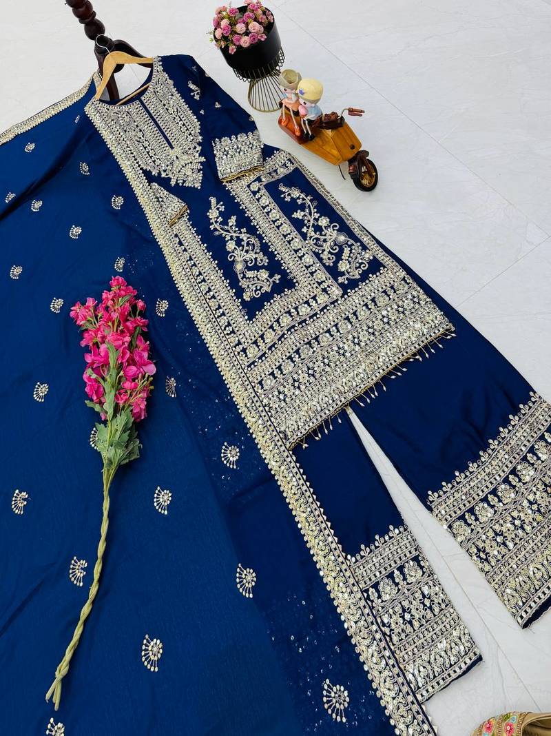 blue designer party wear top pant & dupatta set