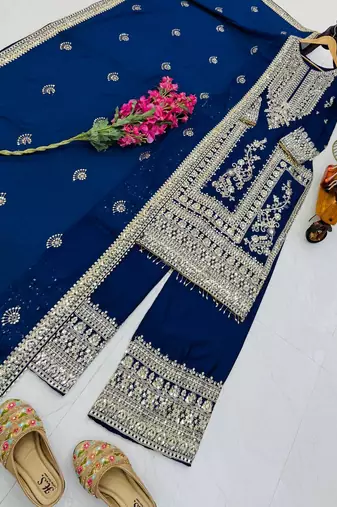 blue designer party wear top pant & dupatta set
