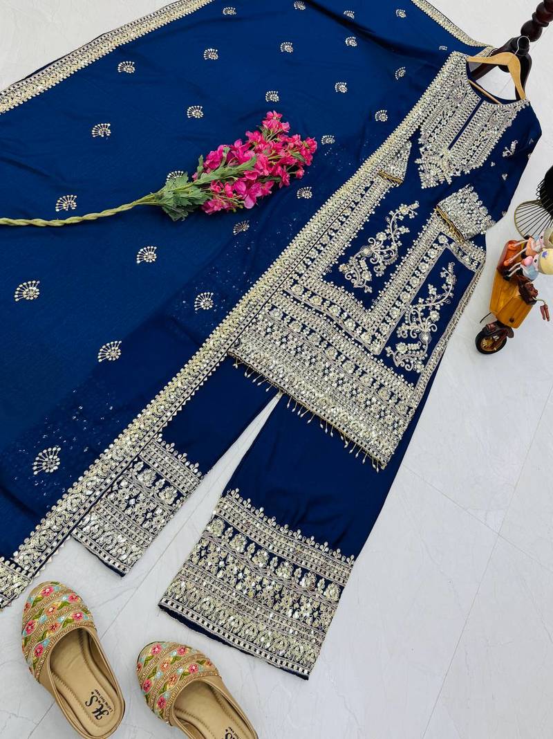 blue designer party wear top pant & dupatta set