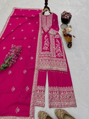 pink designer party wear top pant & dupatta set 1