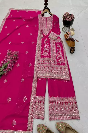 pink designer party wear top pant & dupatta set