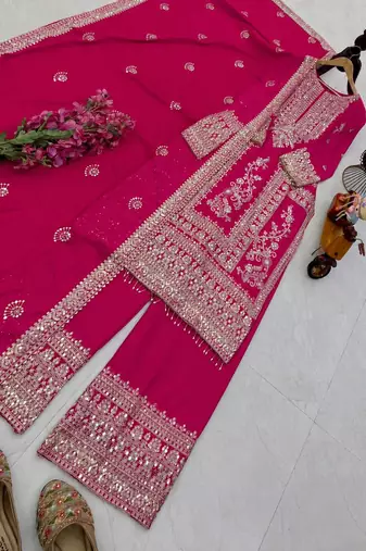 pink designer party wear top pant & dupatta set