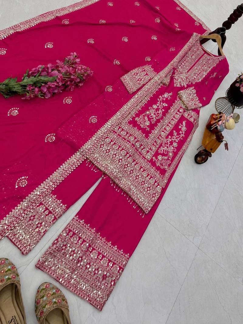 pink designer party wear top pant & dupatta set