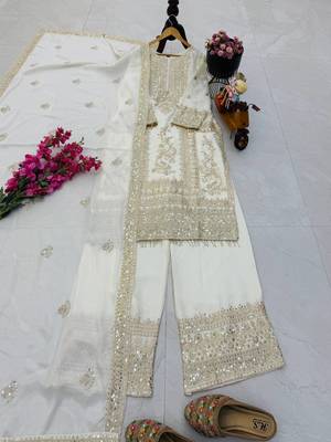 white designer party wear top pant & dupatta set 1