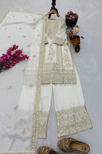 white designer party wear top pant & dupatta set