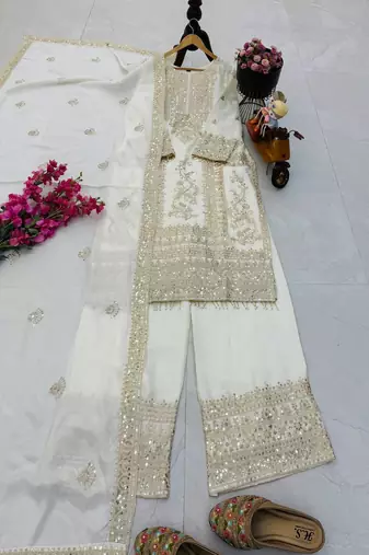 white designer party wear top pant & dupatta set