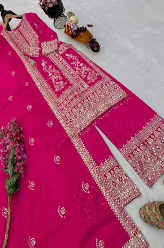 pink designer party wear top pant & dupatta set