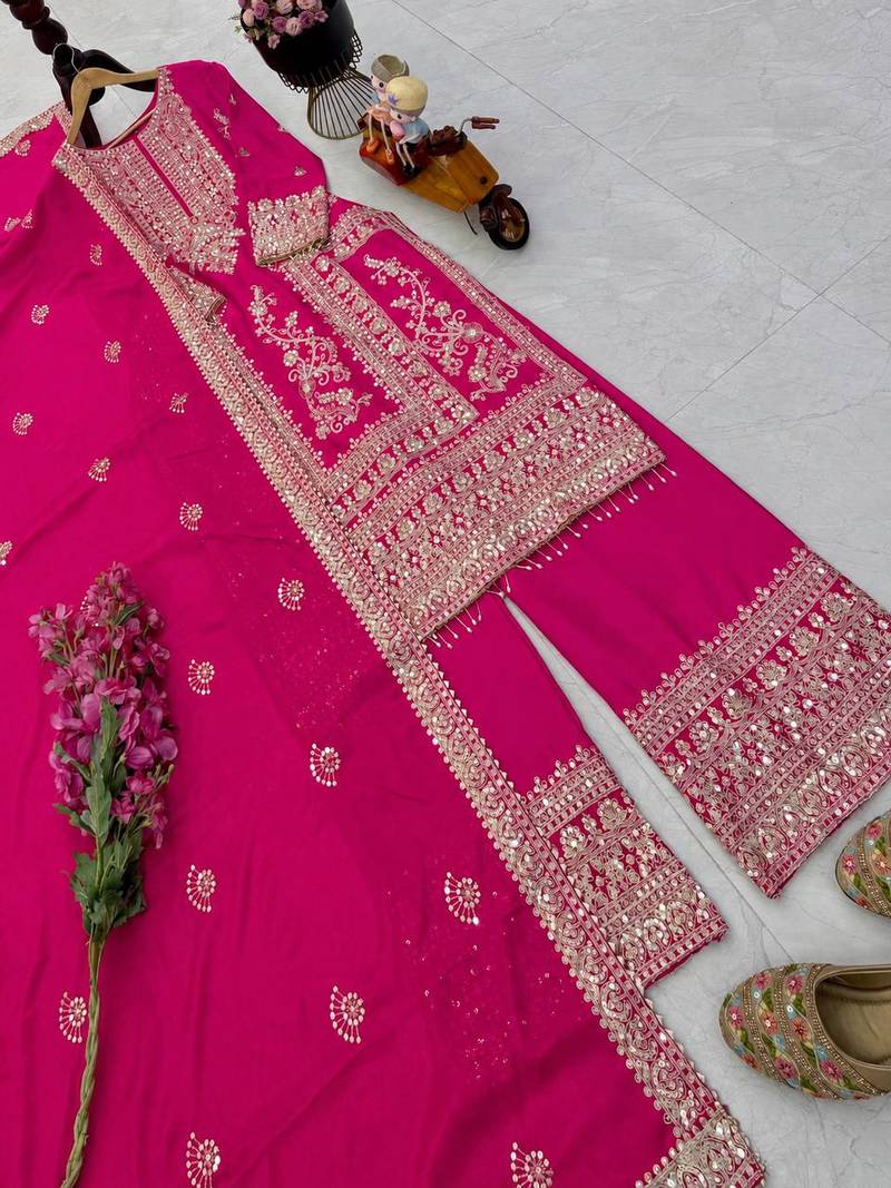 pink designer party wear top pant & dupatta set