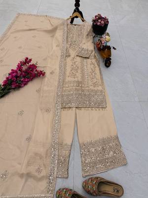 beige designer party wear top pant & dupatta set 1