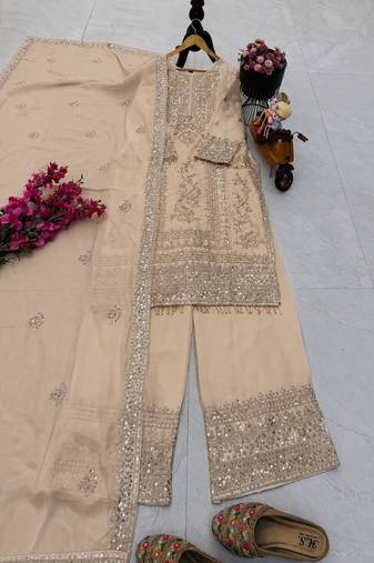 beige designer party wear top pant & dupatta set