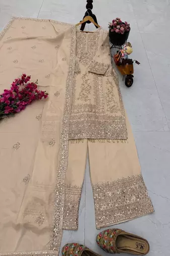 beige designer party wear top pant & dupatta set