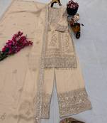 beige designer party wear top pant & dupatta set