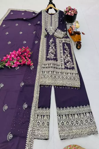 purple designer party wear top pant & dupatta set