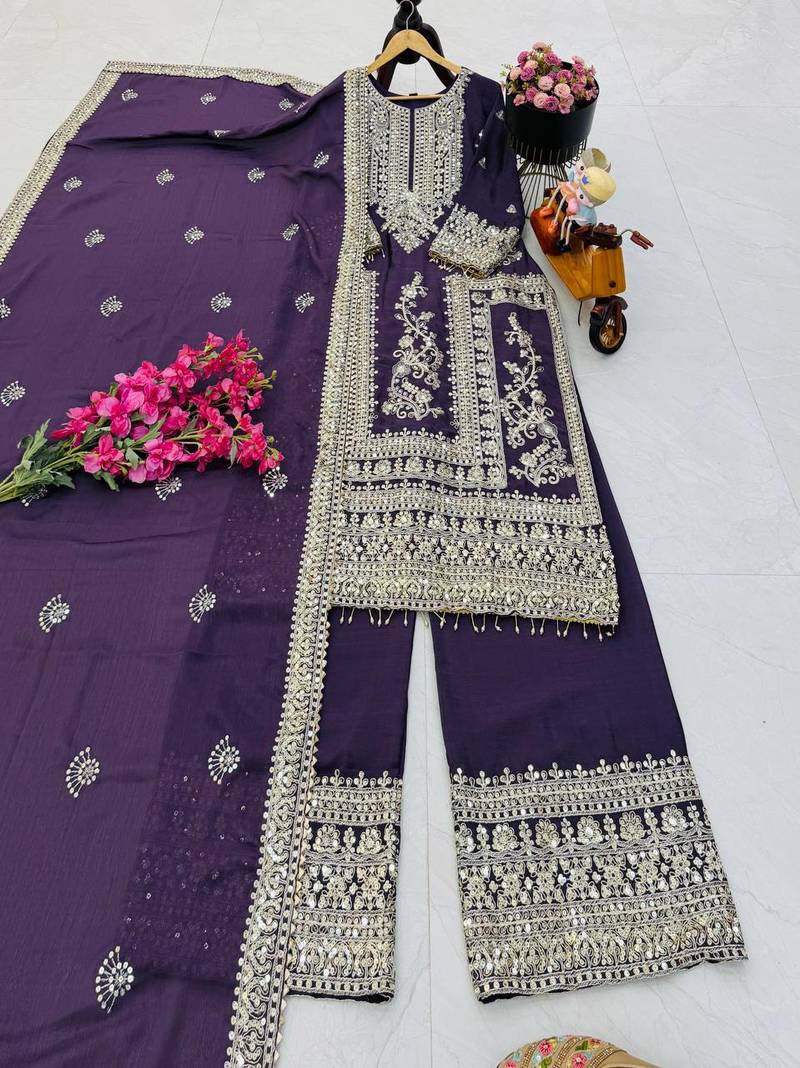 purple designer party wear top pant & dupatta set