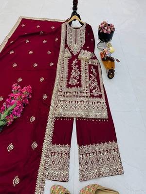 maroon designer party wear top pant & dupatta set 1