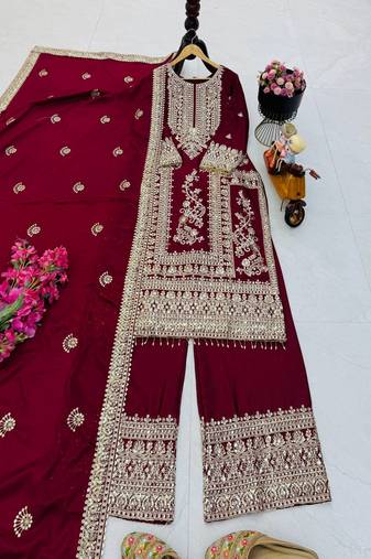 maroon designer party wear top pant & dupatta set