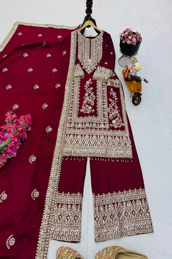 maroon designer party wear top pant & dupatta set