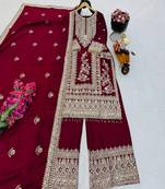 maroon designer party wear top pant & dupatta set