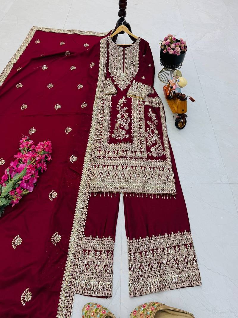 maroon designer party wear top pant & dupatta set