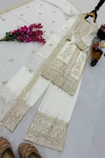 white designer party wear top pant & dupatta set