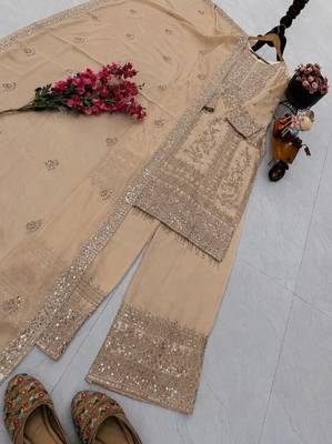 beige designer party wear top pant & dupatta set 2