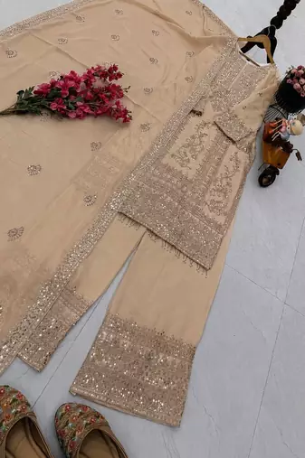 beige designer party wear top pant & dupatta set