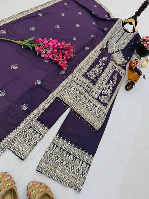 purple designer party wear top pant & dupatta set 2