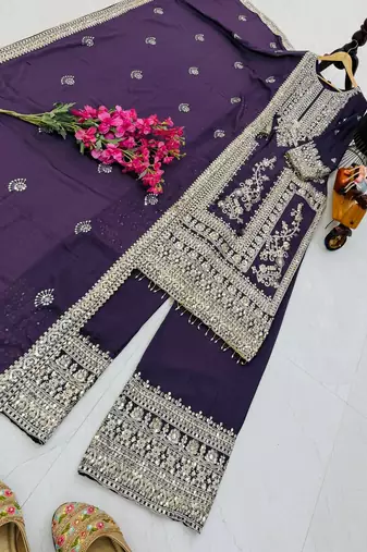 purple designer party wear top pant & dupatta set