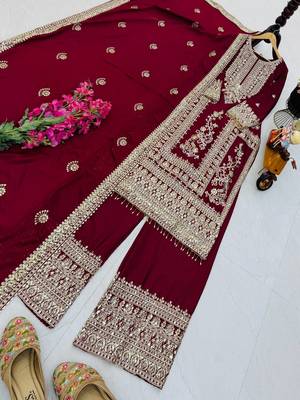 maroon designer party wear top pant & dupatta set 2