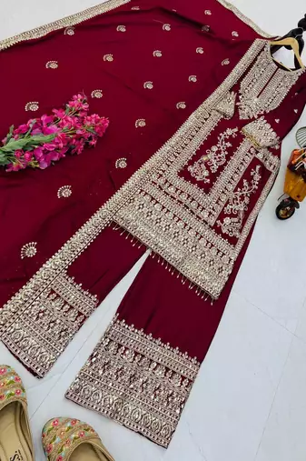 maroon designer party wear top pant & dupatta set