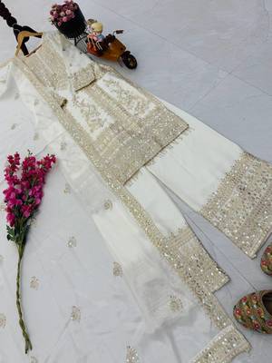 white designer party wear top pant & dupatta set 3