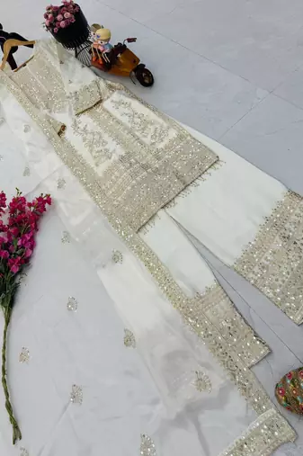 white designer party wear top pant & dupatta set