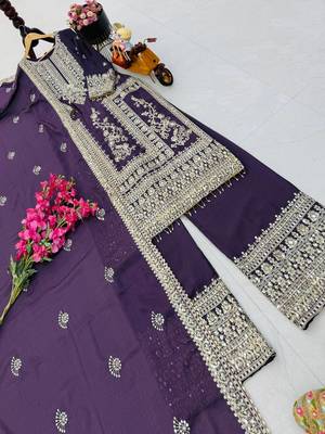 purple designer party wear top pant & dupatta set 3