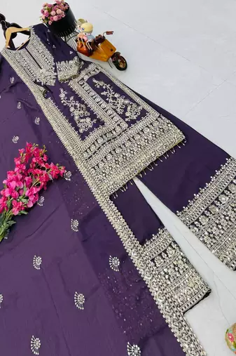 purple designer party wear top pant & dupatta set