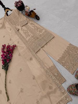 beige designer party wear top pant & dupatta set 3