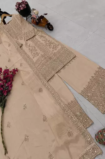 beige designer party wear top pant & dupatta set