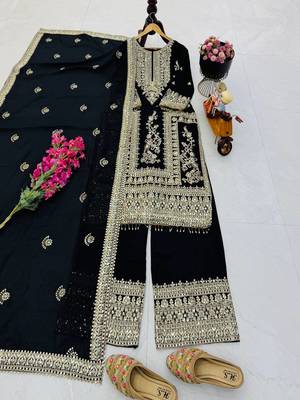 black designer party wear top pant & dupatta set 1